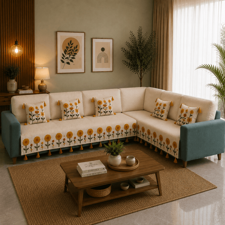 Jute Cotton Sofa Cover jute sofa cover Great Happy IN Sunflower 3+3(L SHAPE) 