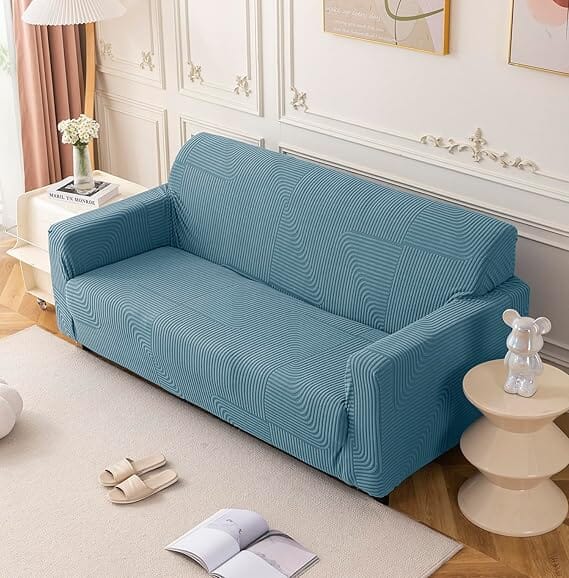 Blue Geometric Line Pattern Jacquard Sofa Cover Great Happy IN 