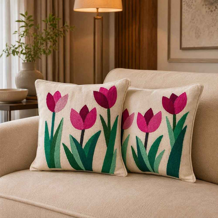 Crimson Tulip Artisan Embroidered Cushion Covers 16 × 16
