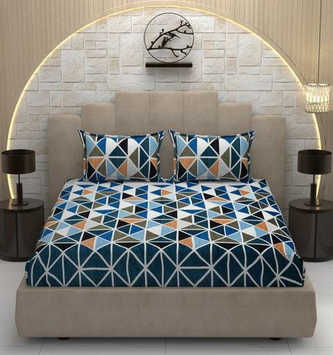 Warm Elastic Fitted Bedsheet (Winter Special) Great Happy IN Blue Geometric 