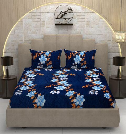 Warm Elastic Fitted Bedsheet (Winter Special) Great Happy IN Royal Blue Flower 