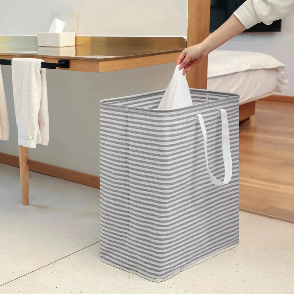 Collapsible Waterproof Laundry Hamper Great Happy IN White Grey Stripe 