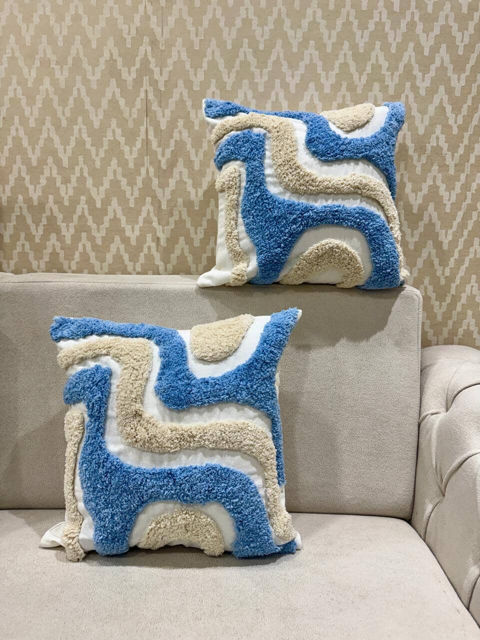 Blue & Beige Abstract Tufted Cushion Cover Great Happy IN 2 Cushion Cover 