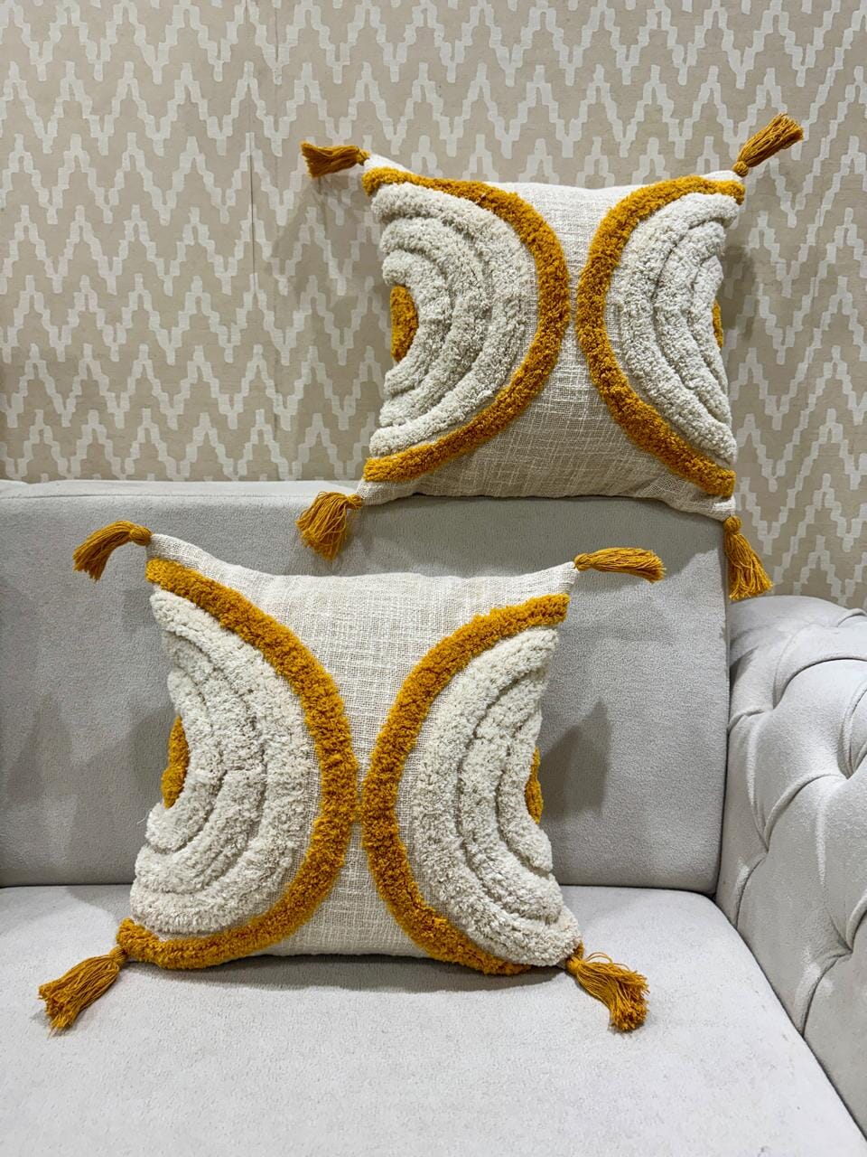Mustard & Cream Half-Moon Tufted Cushion Cover Great Happy IN 2 Cushion Cover 