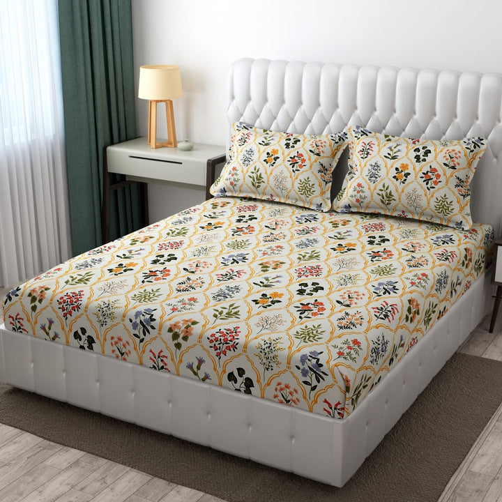 Cotton Elastic Fitted Bedsheet - Fits with any Beds & Mattresses Great Happy IN Heritage Blossom DOUBLE BED 