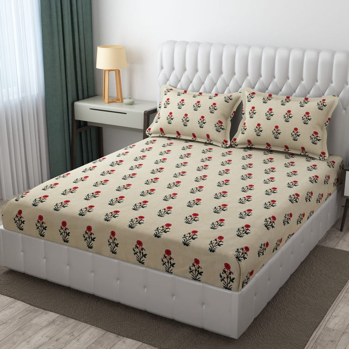 Cotton Elastic Fitted Bedsheet - Fits with any Beds & Mattresses Great Happy IN Jaipuri Rose Motif DOUBLE BED 