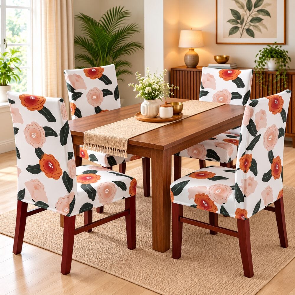 Premium Chair Cover - Stretchable & Elastic Fitted printed chair covers Great Happy IN White Brown Flower 4 PCS (₹325 per pcs) 