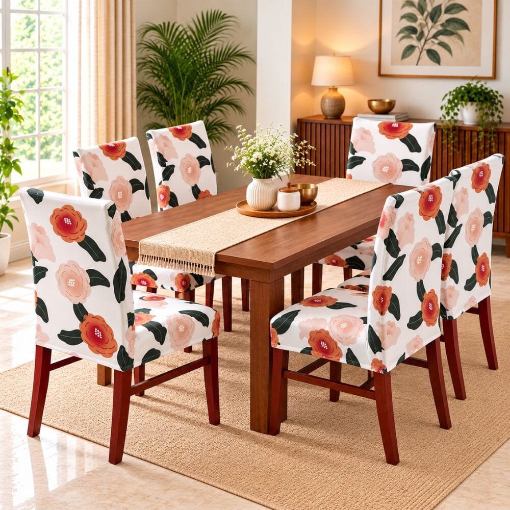 White Brown Flower Premium Chair Cover - Stretchable & Elastic Fitted printed chair covers Great Happy IN 