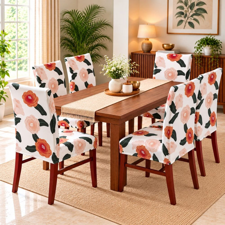 White Brown Flower Premium Chair Cover - Stretchable & Elastic Fitted printed chair covers Great Happy IN 
