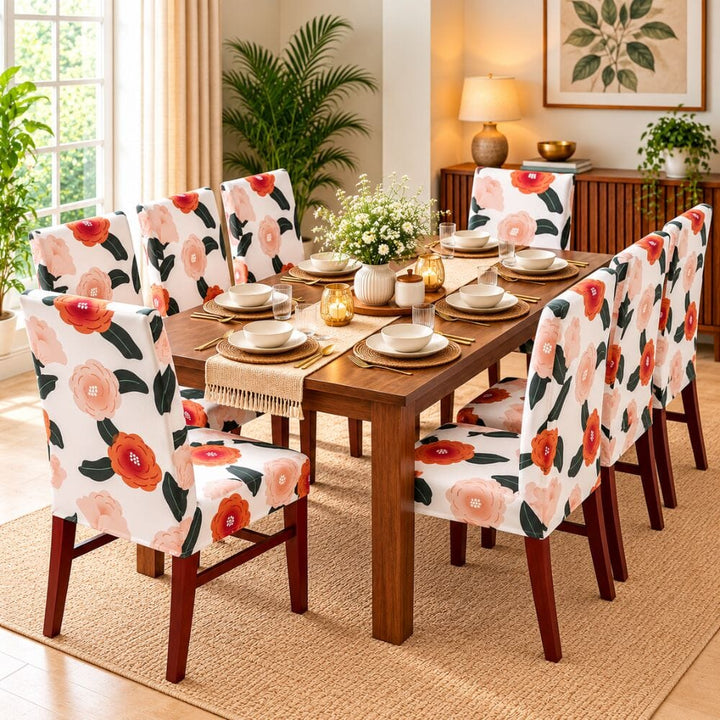 Premium Chair Cover - Stretchable & Elastic Fitted printed chair covers Great Happy IN White Brown Flower 8 PCS (₹262 per pcs) 