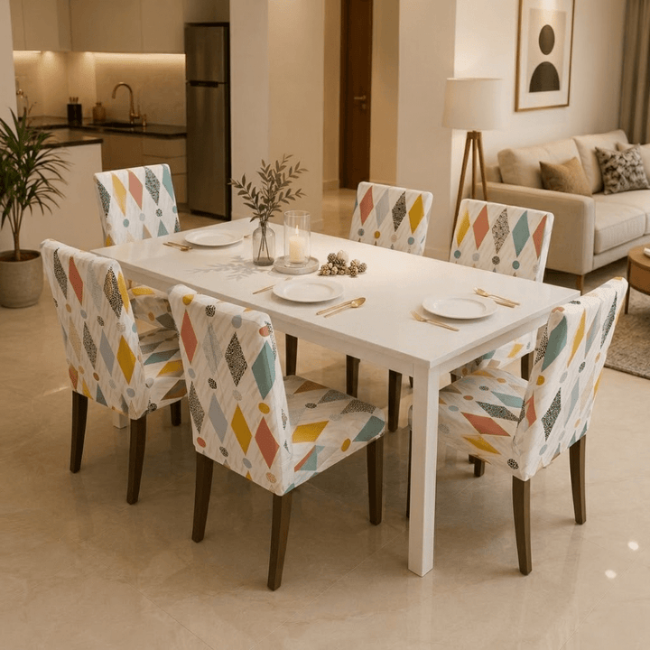 Premium Chair Cover - Stretchable & Elastic Fitted Great Happy IN White Rainbow 6 PCS (₹285 per pcs) 