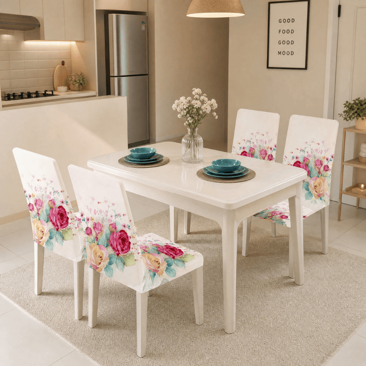 Premium Chair Cover - Stretchable & Elastic Fitted Great Happy IN White Rose 4 PCS (₹325 per pcs) 