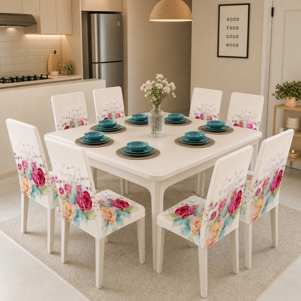 Premium Chair Cover - Stretchable & Elastic Fitted Great Happy IN White Rose 8 PCS (₹262 per pcs) 