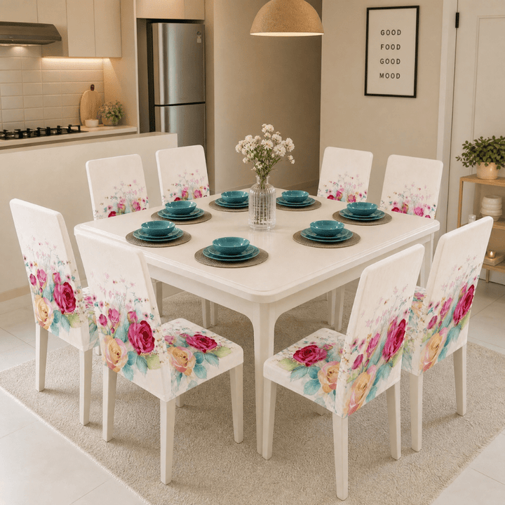 Premium Chair Cover - Stretchable & Elastic Fitted Great Happy IN White Rose 8 PCS (₹262 per pcs) 
