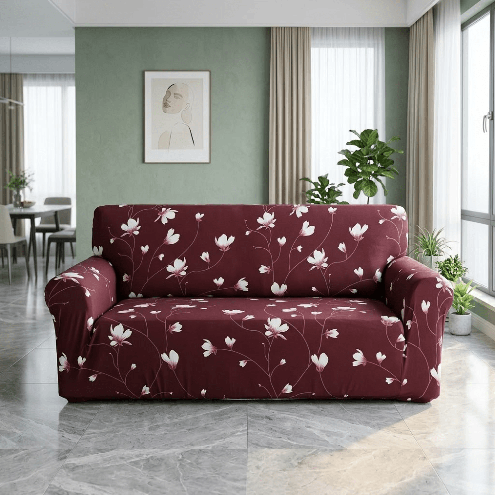 Wine Floral Elastic Fitted Printed Sofa Cover - Stretchable & Premium Quality