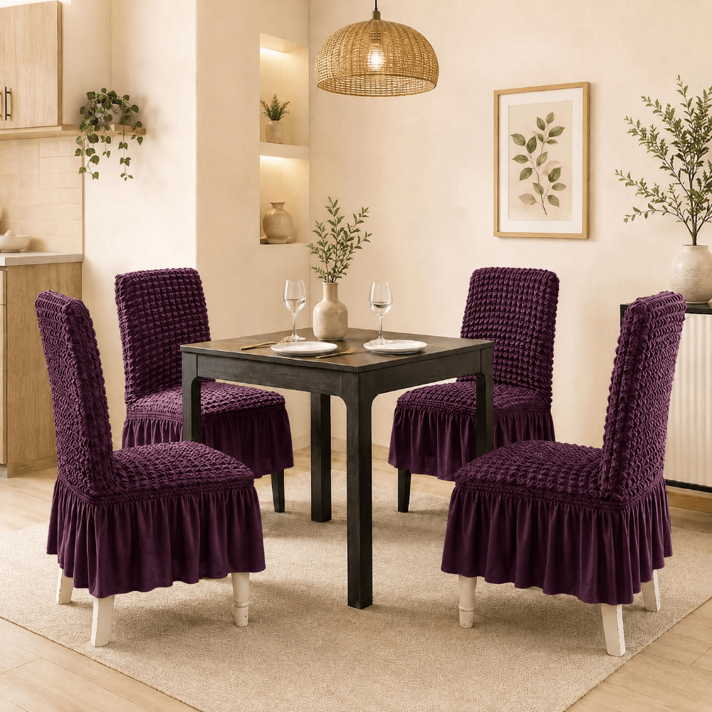 Bubble Frill Stretchable & Wrinkle-Free Chair Cover Great Happy IN Bubble Frill Wine 4 PCS (₹450 per pcs) 