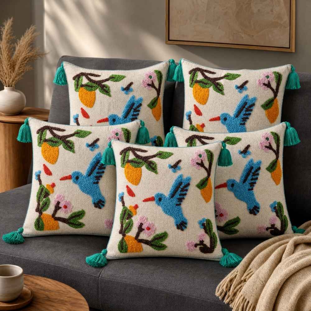 Blue Bird Artisan Embroidered Cushion Covers 16 × 16 cushion cover Great Happy IN Blue Bird Pack of 5 (₹375 per pcs) 