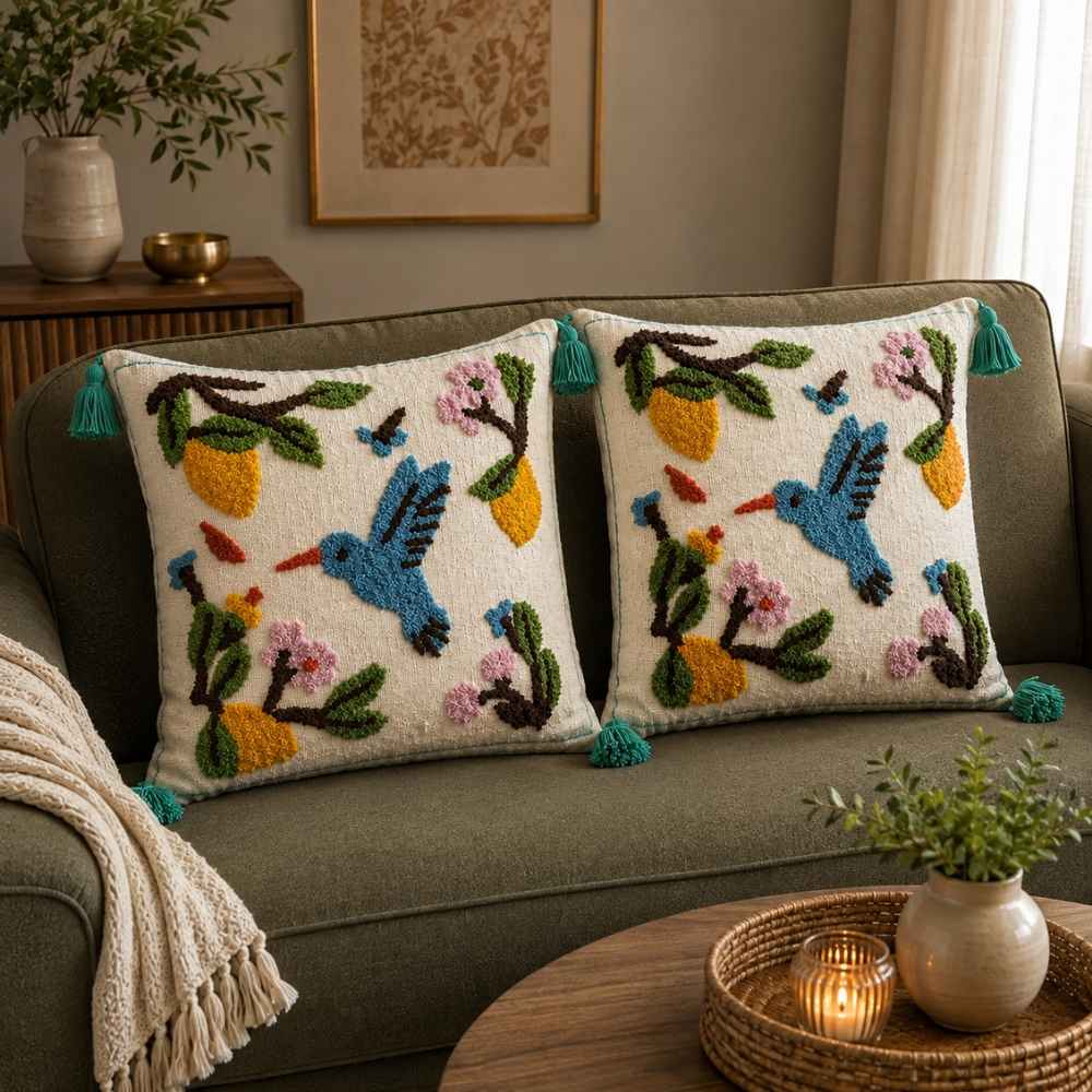 Phoolwari Jute Look Cotton Sofa Cover jute sofa cover Great Happy IN Phoolwari Matching Cushion Cover - 2 PCS 