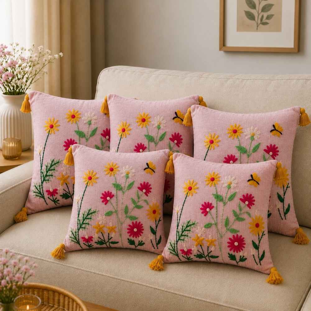 Blush Meadow Artisan Embroidered Cushion Covers 16 × 16