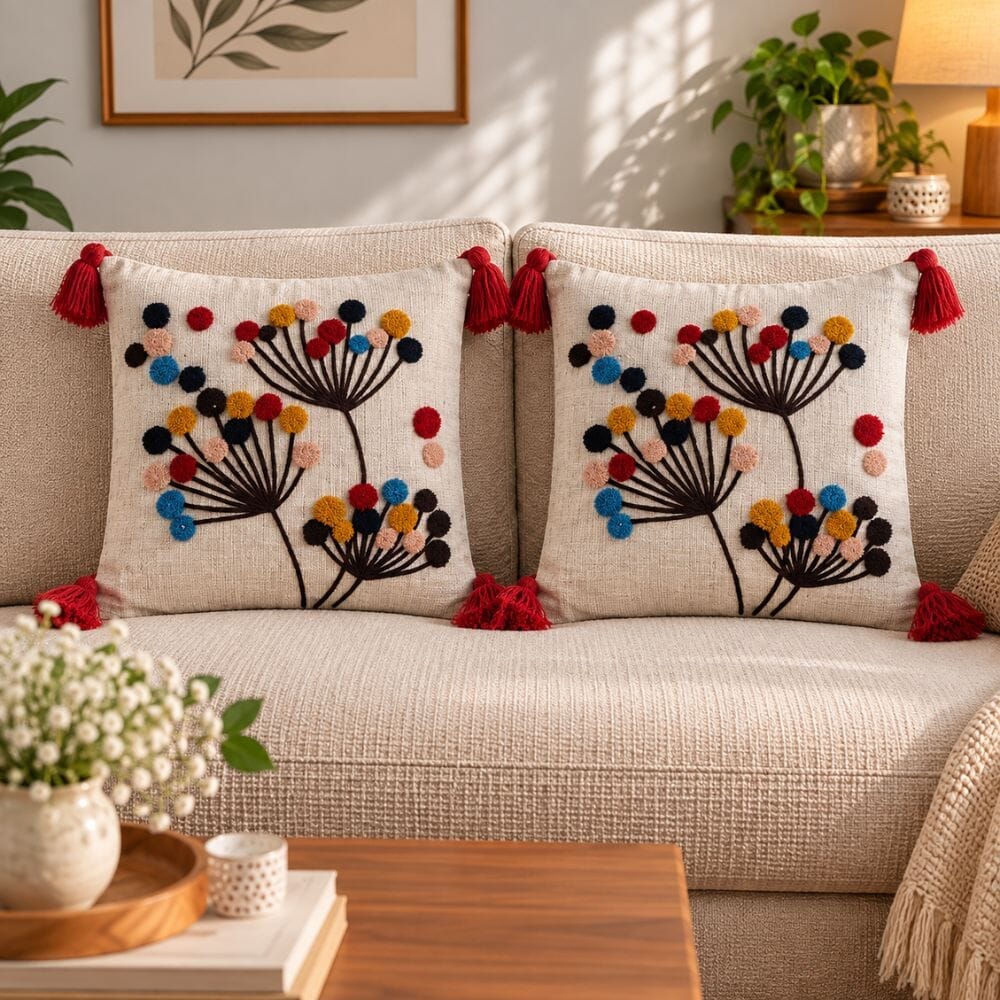 Button Mums Artisan Embroidered Cushion Covers 16 × 16 cushion cover Great Happy IN Button Mums Pack of 2 (₹450 per pcs) 