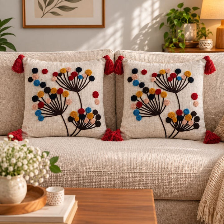 Button Mums Artisan Embroidered Cushion Covers 16 × 16 cushion cover Great Happy IN Button Mums Pack of 2 (₹450 per pcs) 