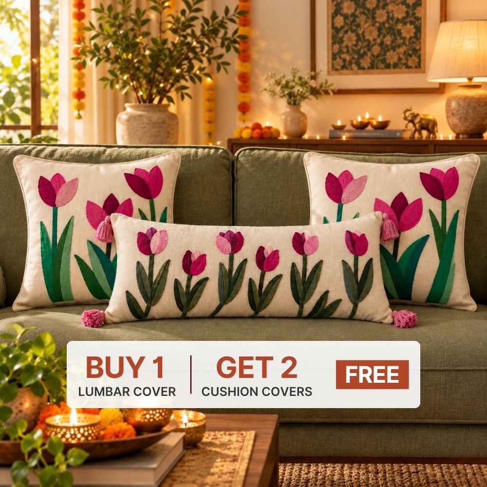 Festive Sofa Styling Set - Buy 1 Lumbar Cover, Get 2 Cushion Covers FREE cushion cover Great Happy IN Tulip Flower 