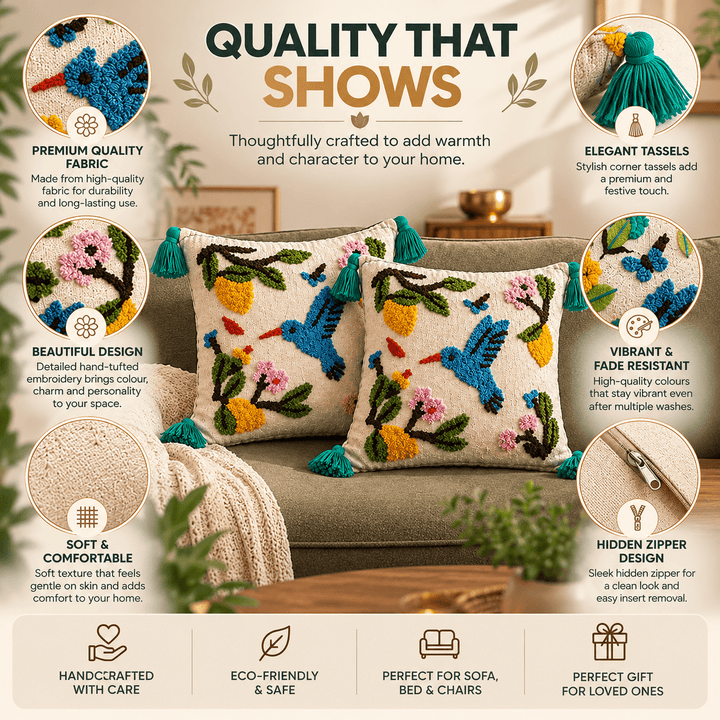 Blue Bird Artisan Embroidered Cushion Covers 16 × 16 cushion cover Great Happy IN 