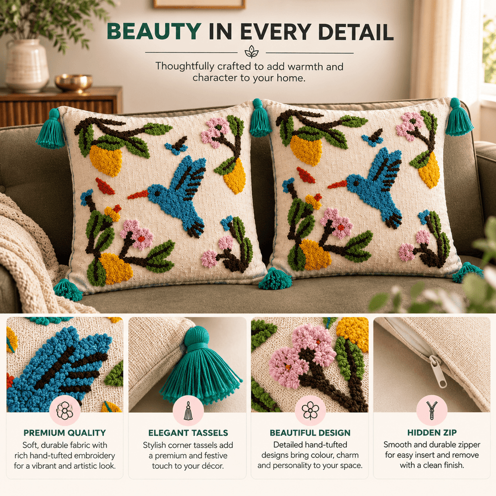 Blue Bird Artisan Embroidered Cushion Covers 16 × 16 cushion cover Great Happy IN 