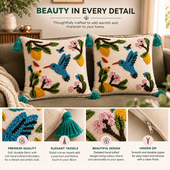 Blue Bird Artisan Embroidered Cushion Covers 16 × 16 cushion cover Great Happy IN 