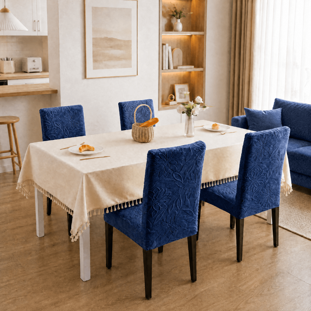 Jacquard Chair Cover- Stretchable & Elastic Fitted Great Happy IN Flower Dark Blue 4 PCS (₹450 per pcs) 