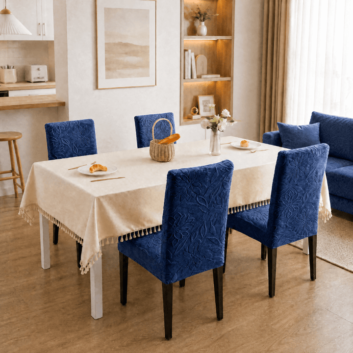 Jacquard Chair Cover- Stretchable & Elastic Fitted Great Happy IN Flower Dark Blue 4 PCS (₹450 per pcs) 