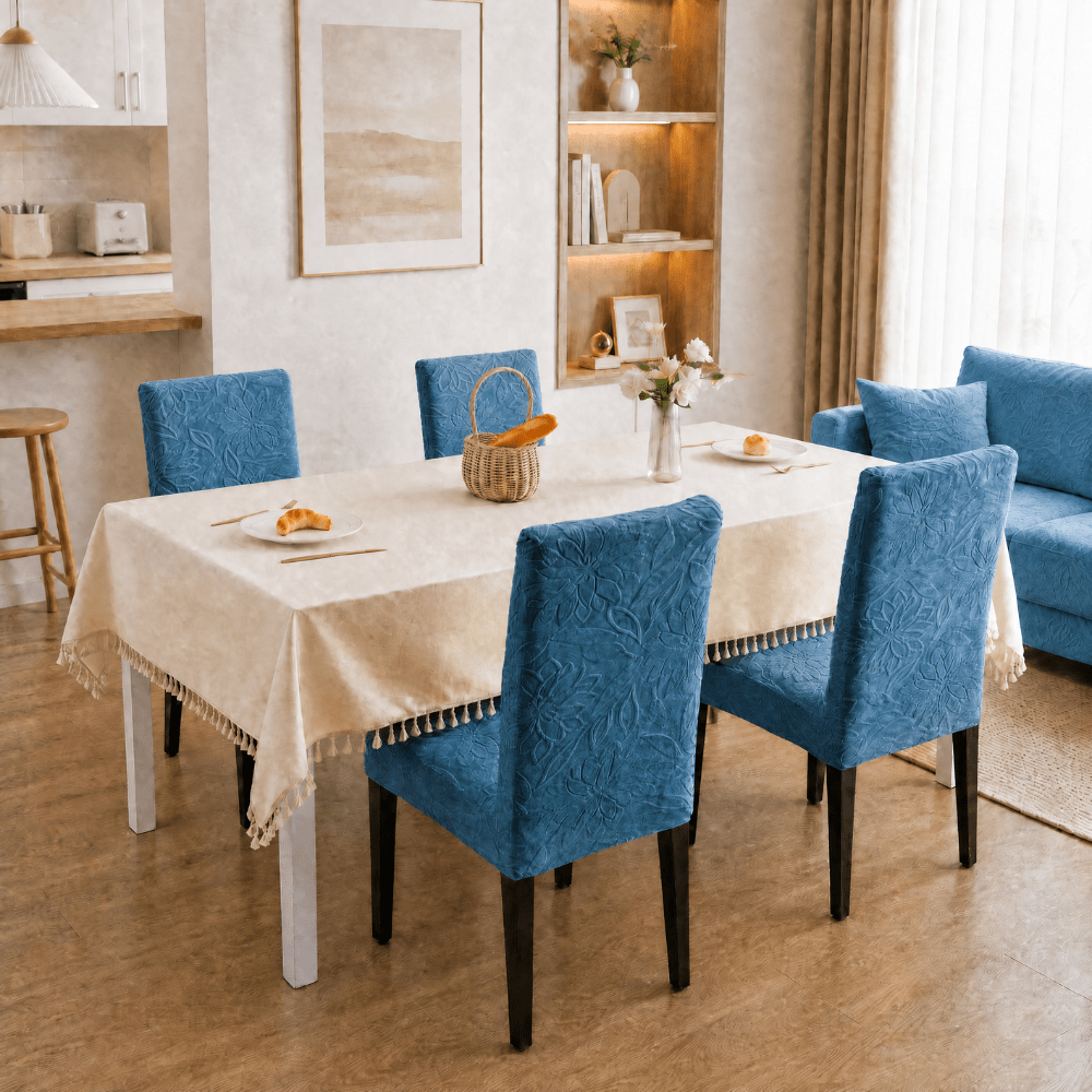 Jacquard Chair Cover- Stretchable & Elastic Fitted Great Happy IN Flower Light Blue 4 PCS (₹450 per pcs) 