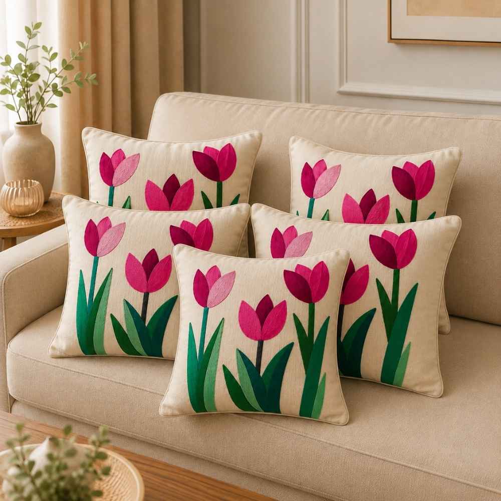 Crimson Tulip Artisan Embroidered Cushion Covers 16 × 16