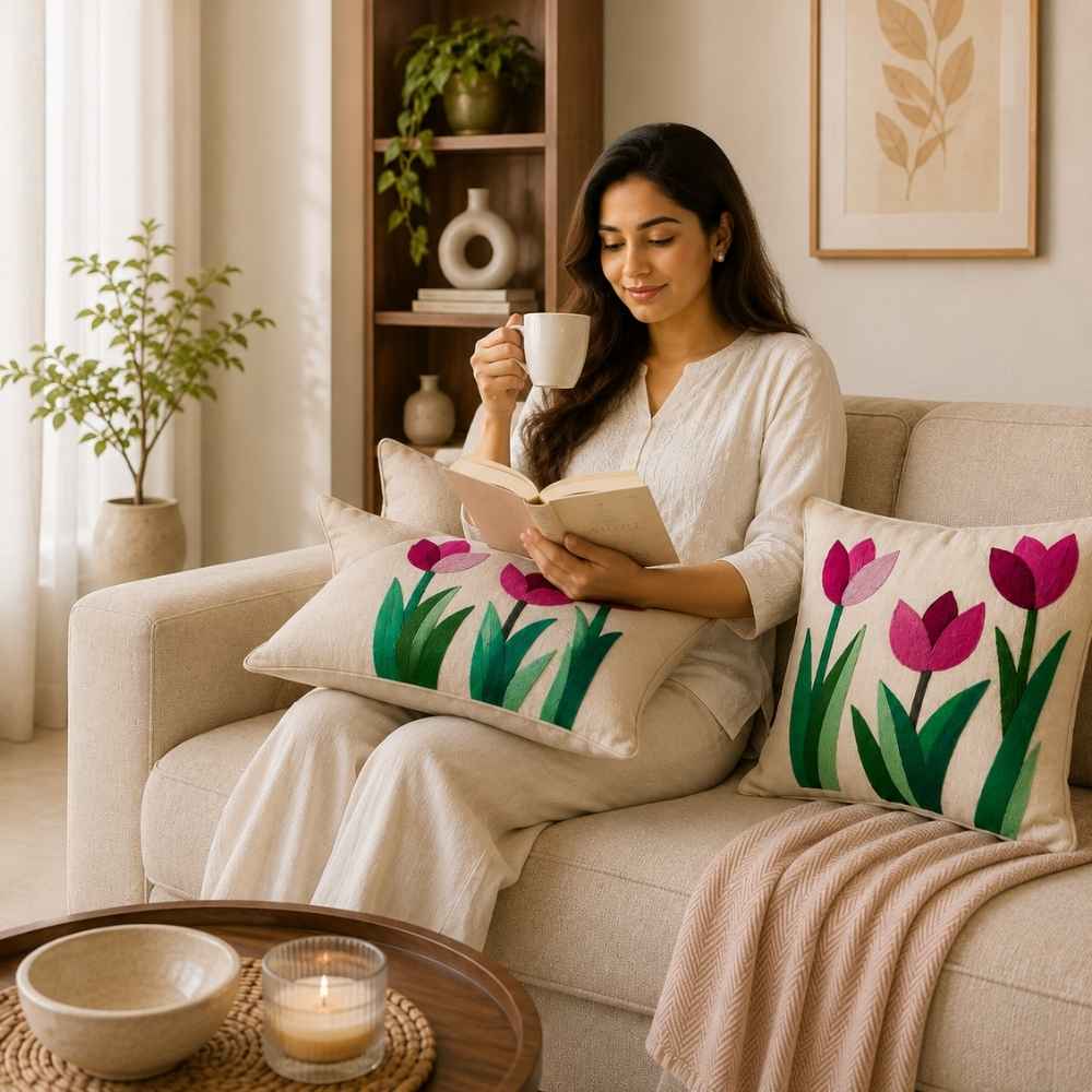 Crimson Tulip Artisan Embroidered Cushion Covers 16 × 16