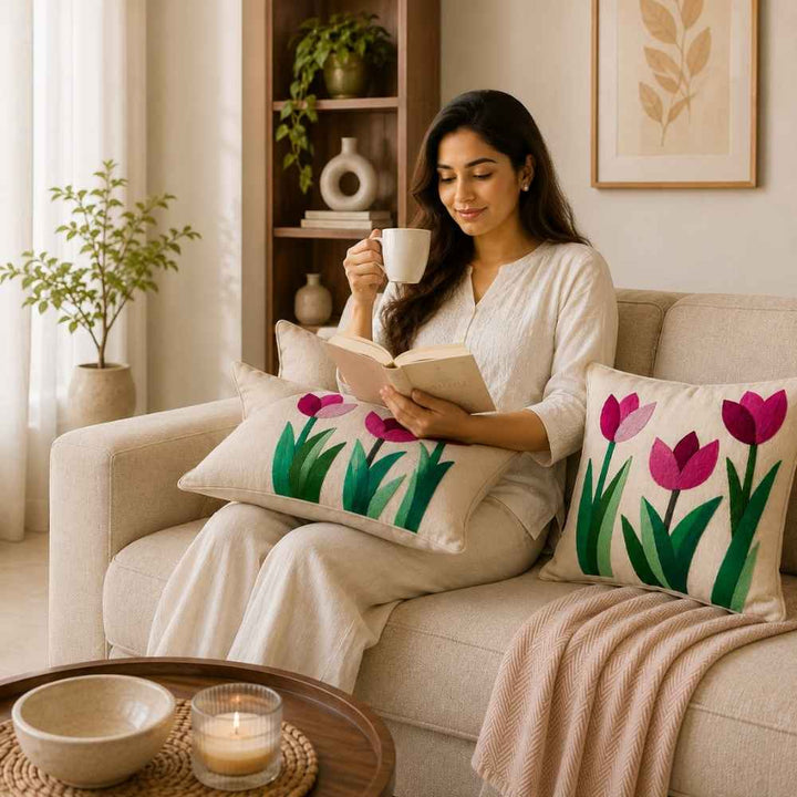 Crimson Tulip Artisan Embroidered Cushion Covers 16 × 16