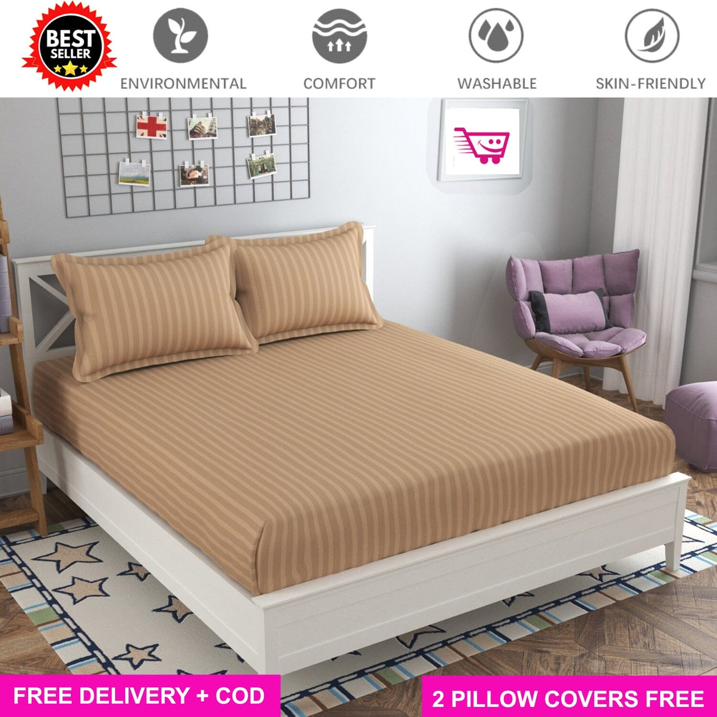 Beige Satin Full Elastic Fitted Bedsheet with 2 Pillow Covers - King Size Bed Sheets Great Happy IN 