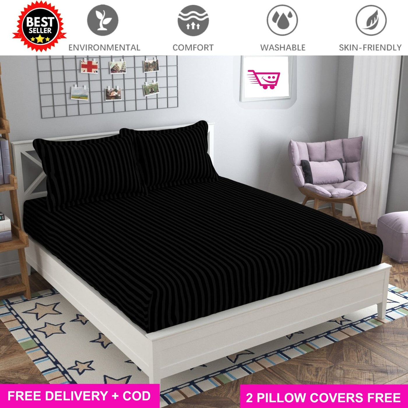Black Satin Full Elastic Fitted Bedsheet with 2 Pillow Covers - King Size Bed Sheets Great Happy IN 