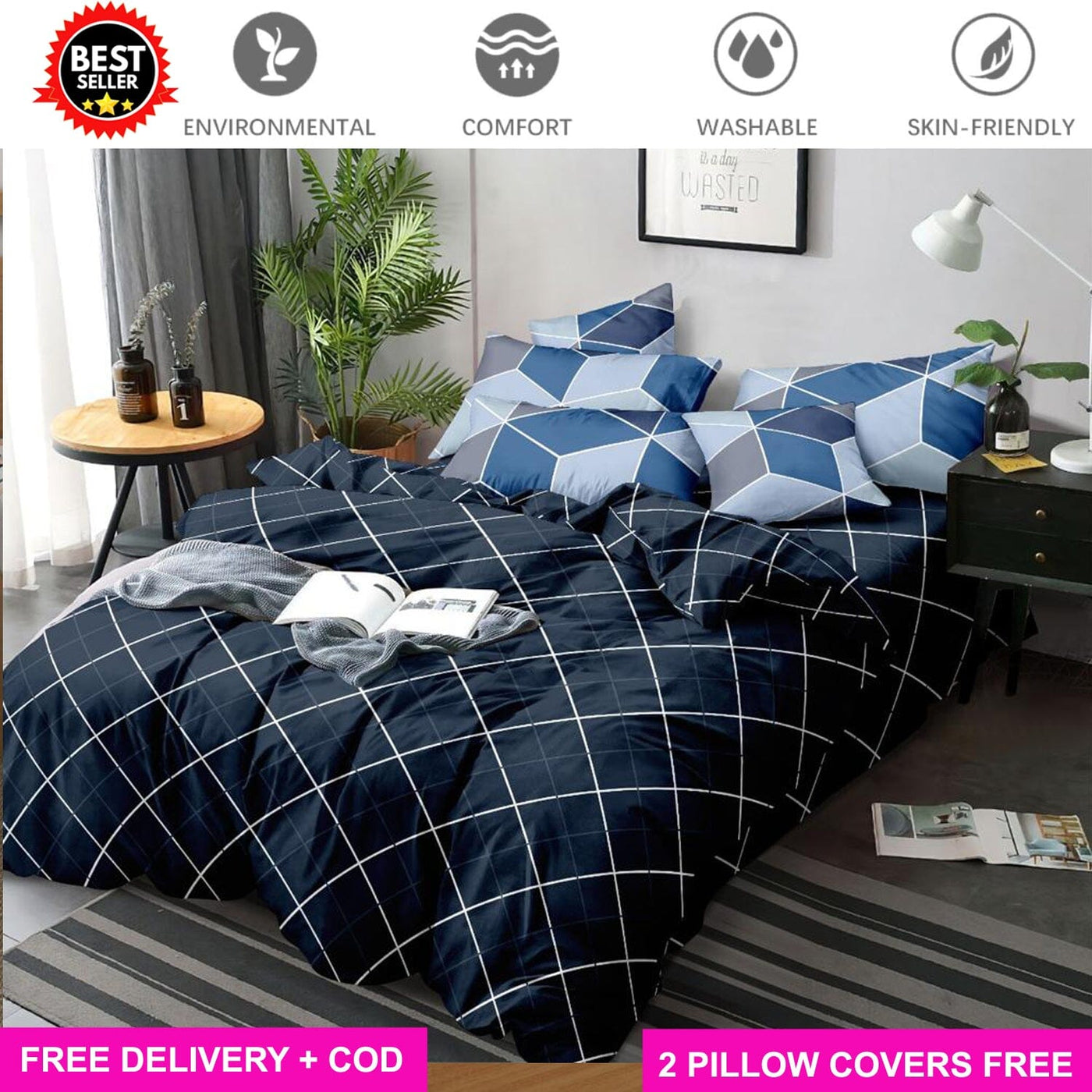 Blue Box Full Elastic Fitted Bedsheet with 2 Pillow Covers - King Size Bed Sheets Great Happy IN 