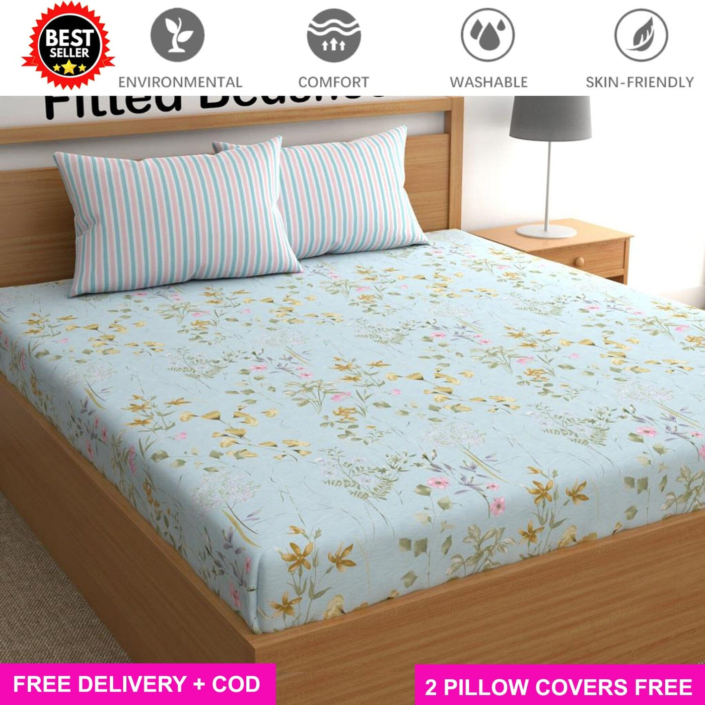 Blue Floral Contrast Full Elastic Fitted Bedsheet with 2 Pillow Covers - King Size Bed Sheets Great Happy IN 