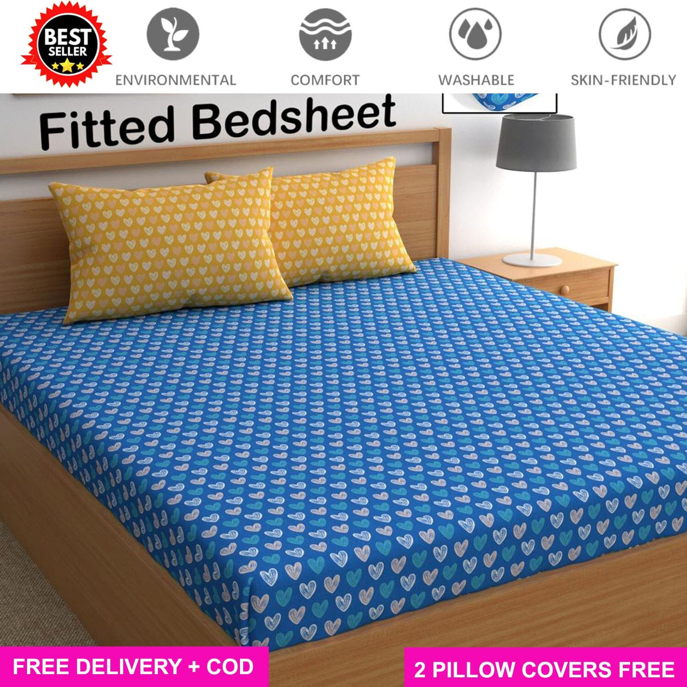 Blue Heart Contrast Full Elastic Fitted Bedsheet with 2 Pillow Covers - King Size Bed Sheets Great Happy IN 