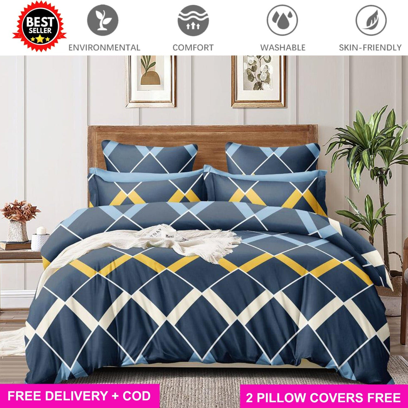 Blue Maze Full Elastic Fitted Bedsheet with 2 Pillow Covers - King Size Bed Sheets Great Happy IN 