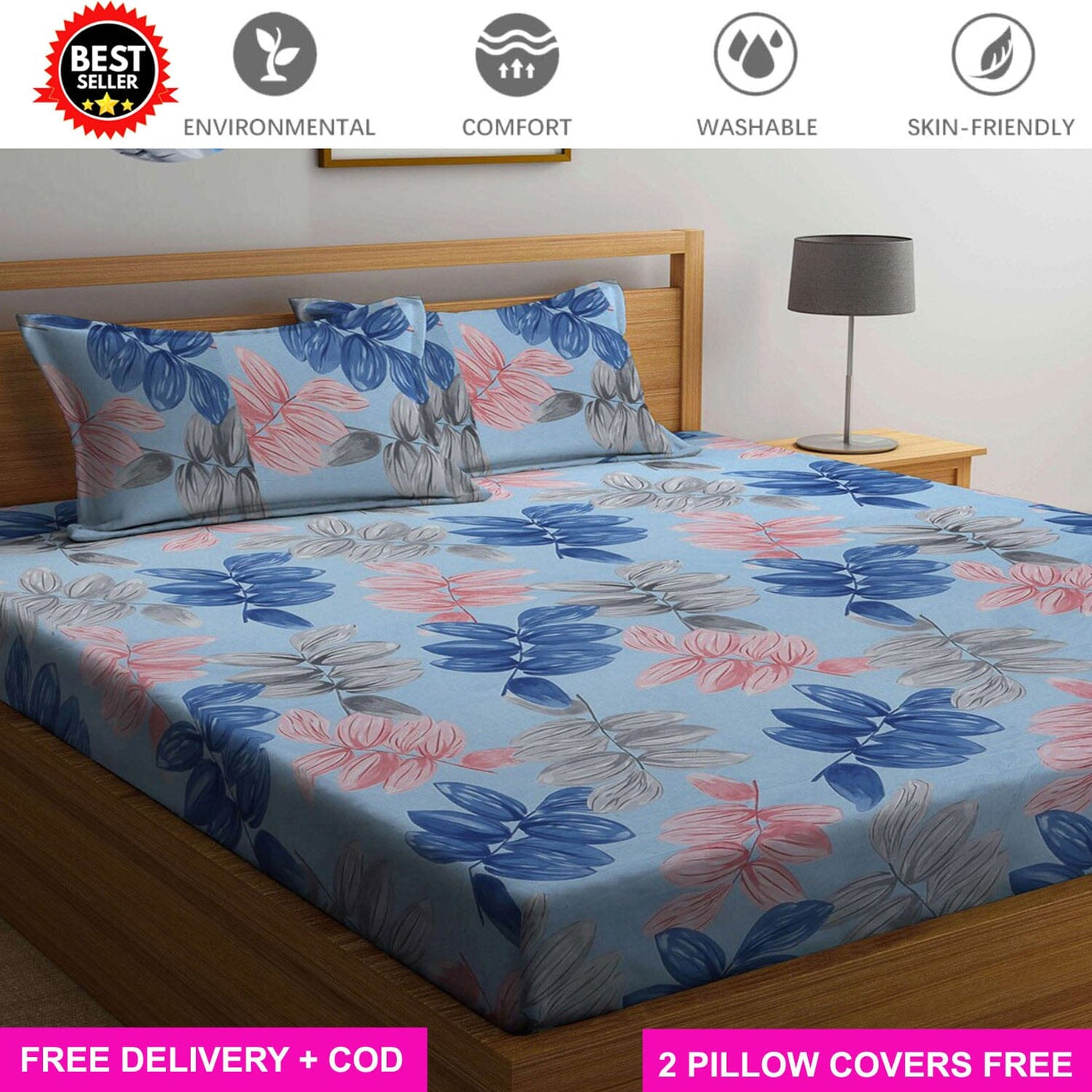 Cotton Elastic Fitted Bedsheet with 2 Pillow Covers - Fits with any Beds & Mattresses Great Happy IN Blue Pink Leaf KING SIZE 