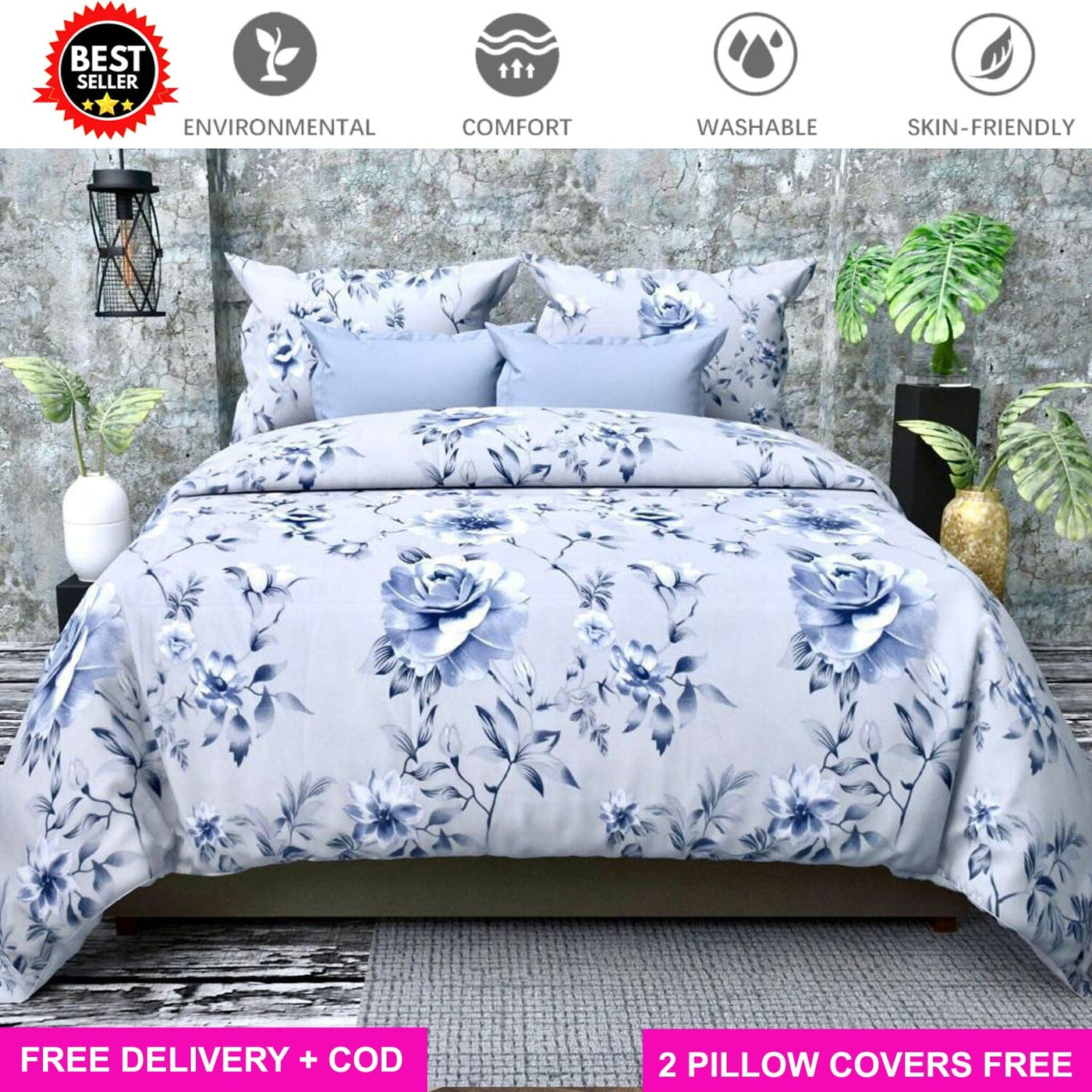 Blue Rose Full Elastic Fitted Bedsheet with 2 Pillow Covers - King Size Bed Sheets Great Happy IN 