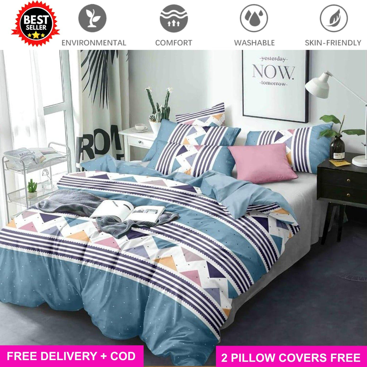 Blue Zig Zag Full Elastic Fitted Bedsheet with 2 Pillow Covers - King Size Bed Sheets Great Happy IN 