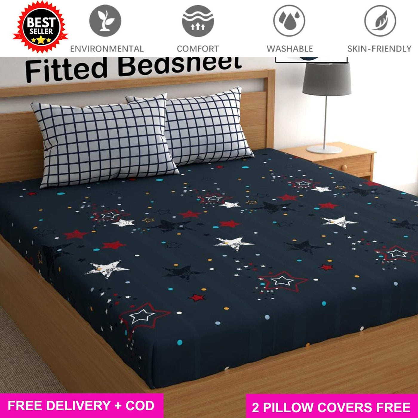Blue Star Contrast Full Elastic Fitted Bedsheet with 2 Pillow Covers - King Size Bed Sheets Great Happy IN 