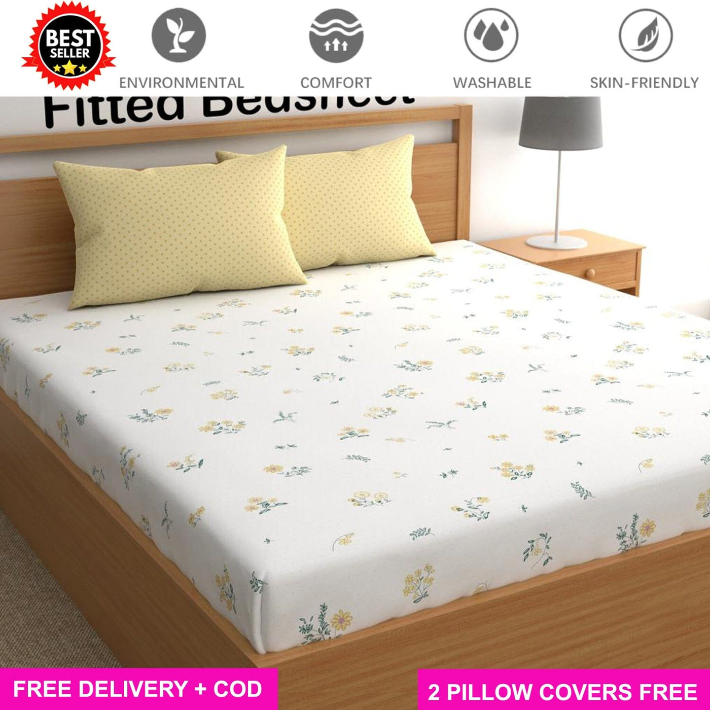 Butterscotch Contrast Full Elastic Fitted Bedsheet with 2 Pillow Covers - King Size Bed Sheets Great Happy IN 