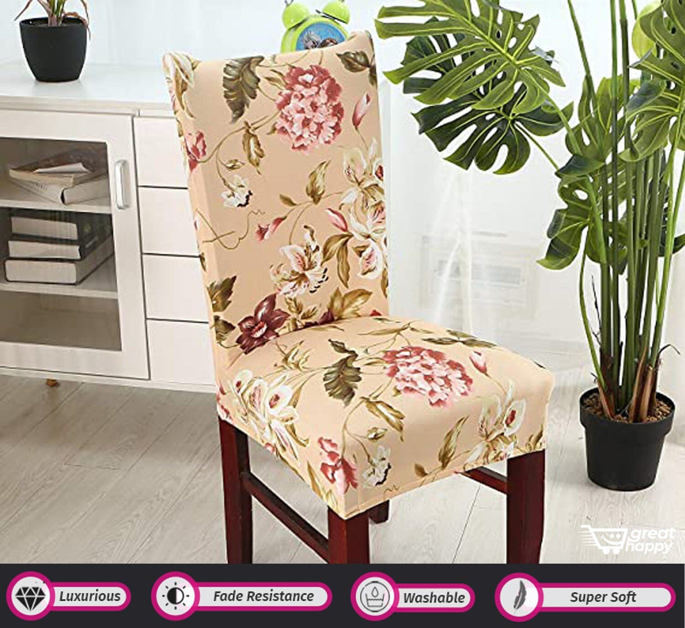 Premium Chair Cover - Stretchable & Elastic Fitted Great Happy IN Beige Flower Pink Green 2 PCS - ₹799 