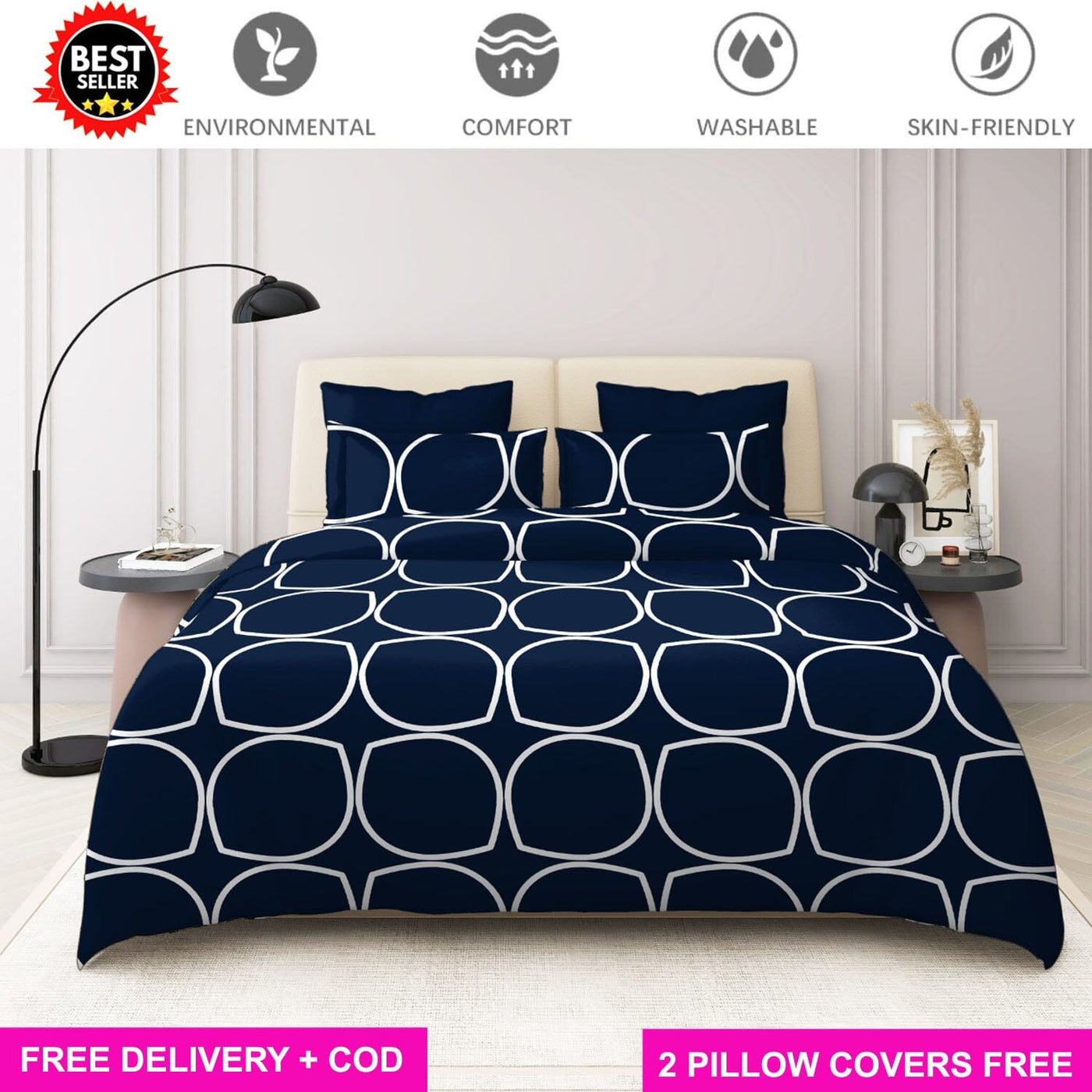 Blue Ellipse Full Elastic Fitted Bedsheet with 2 Pillow Covers - King Size Bed Sheets Great Happy IN 