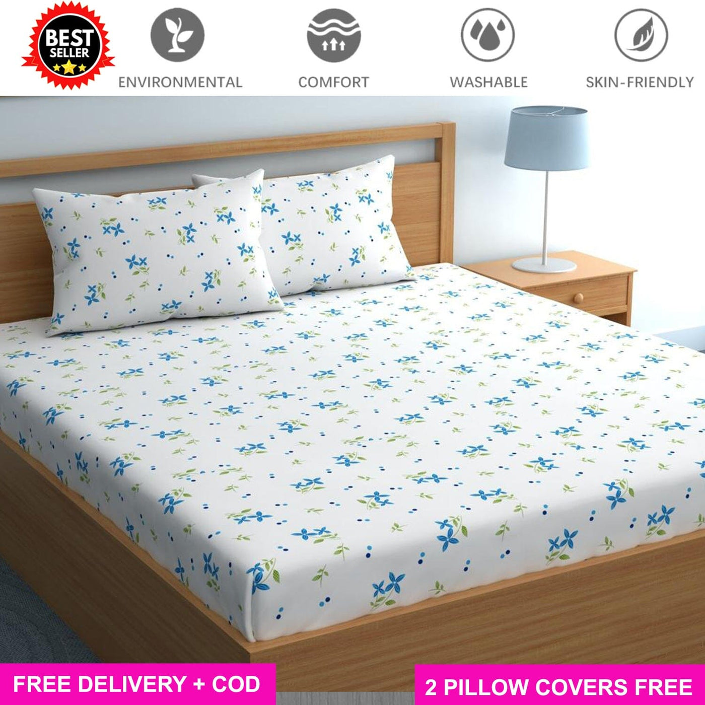 Cotton Elastic Fitted Bedsheet with 2 Pillow Covers - Fits with any Beds & Mattresses Great Happy IN Blue Jasmin KING SIZE 