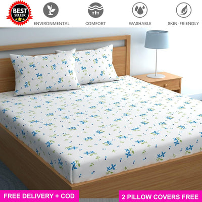 Cotton Elastic Fitted Bedsheet with 2 Pillow Covers - Fits with any Beds & Mattresses Great Happy IN Blue Jasmin KING SIZE 